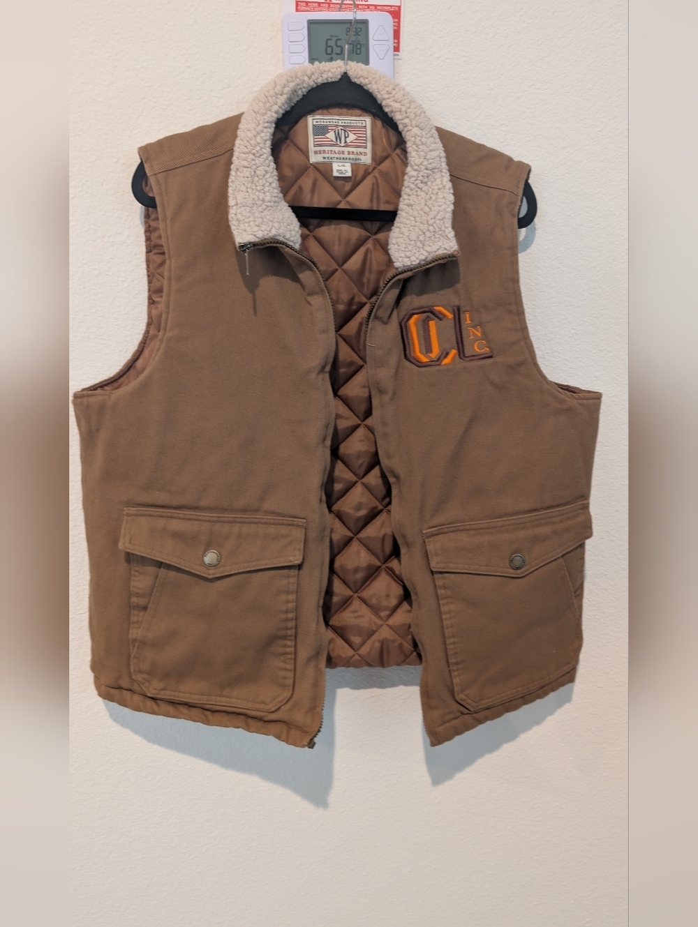 Weatherproof Quilted Vest with Sherpa Collar in Tan and Cream Size L